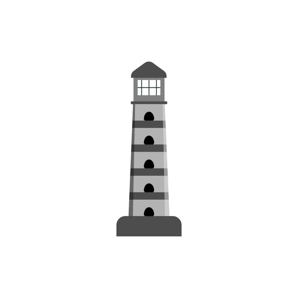 Lighthouse, tower for signal beacon. Building on sea coast landscape. Element in simple flat style. Sign of lighthouse for safety and tourism. Vector illustration