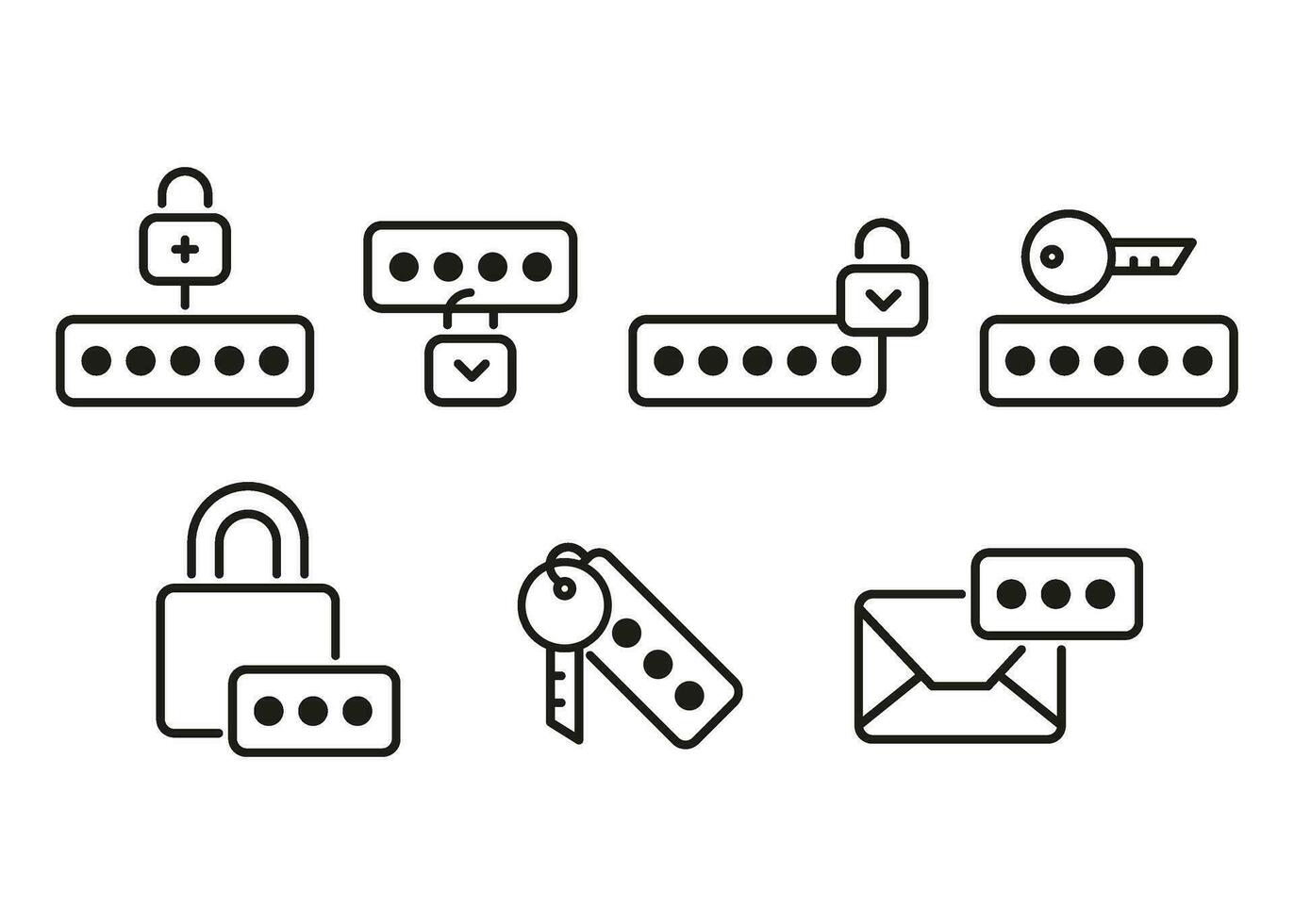 Security password of account with key, lock technology, line icons set. Personal code on lock, smartphone, computer, account on site. Authorization security, secure key. Editable stroke. Vector sign