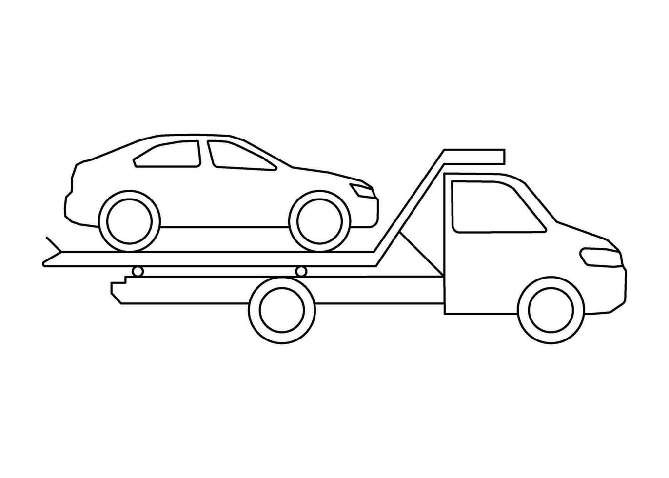 Tow truck service, line art icon. Wrecker transporting crashed passenger car, help accident of transport of brocken vehicle. Vector outline illustration