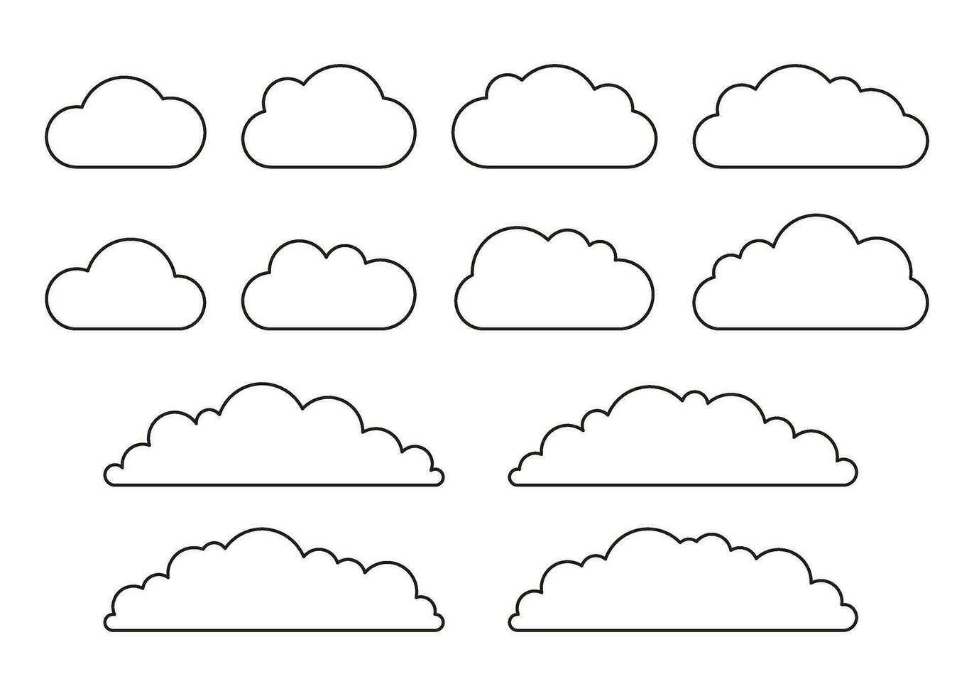 Cloud shape on sky set, weather line icon. Simple flat style of different clouds. Graphic element collection for web and print. Vector outline illustration