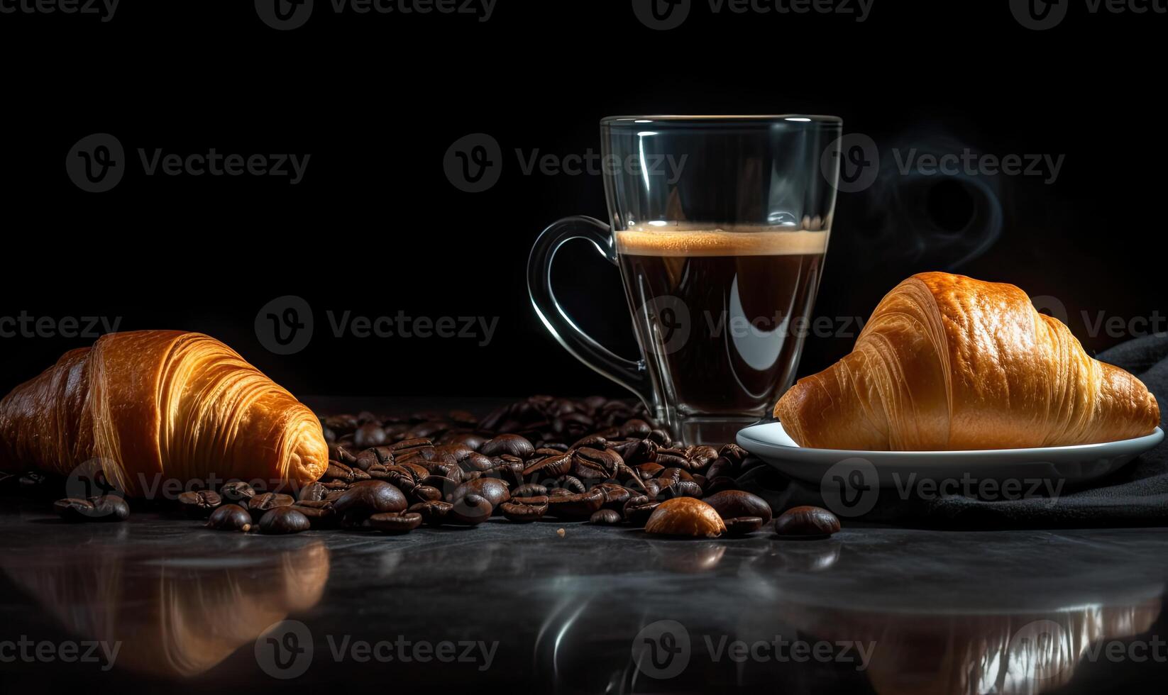 Coffee and coffee beans on black background AI generative photo