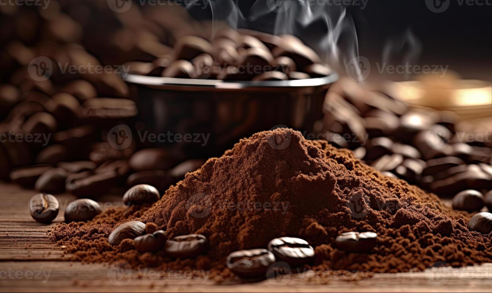 Coffee beans and ground coffee on wooden background. Selective focus. photo