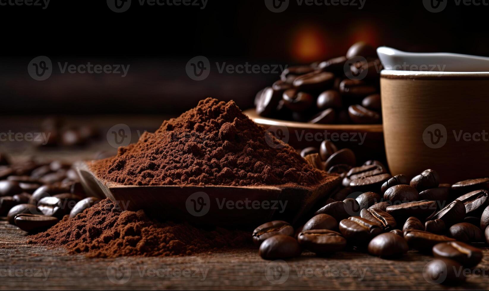 Coffee beans and ground coffee on wooden background. Selective focus. photo