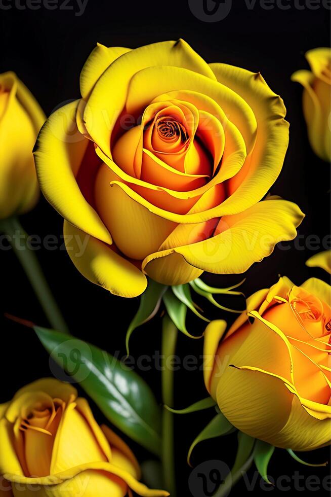 yellow rose flower on black background close-up, background, photo