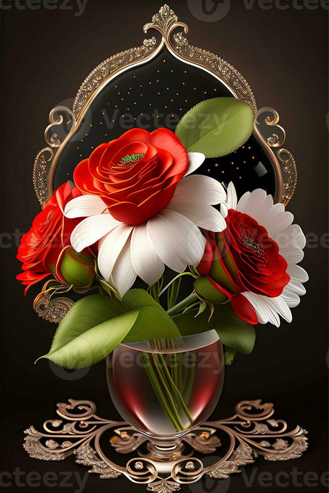 bouquet of red roses and white daisies on a dark background, AI generated photo