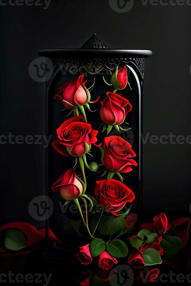 bouquet of red roses on a black background, AI generated photo
