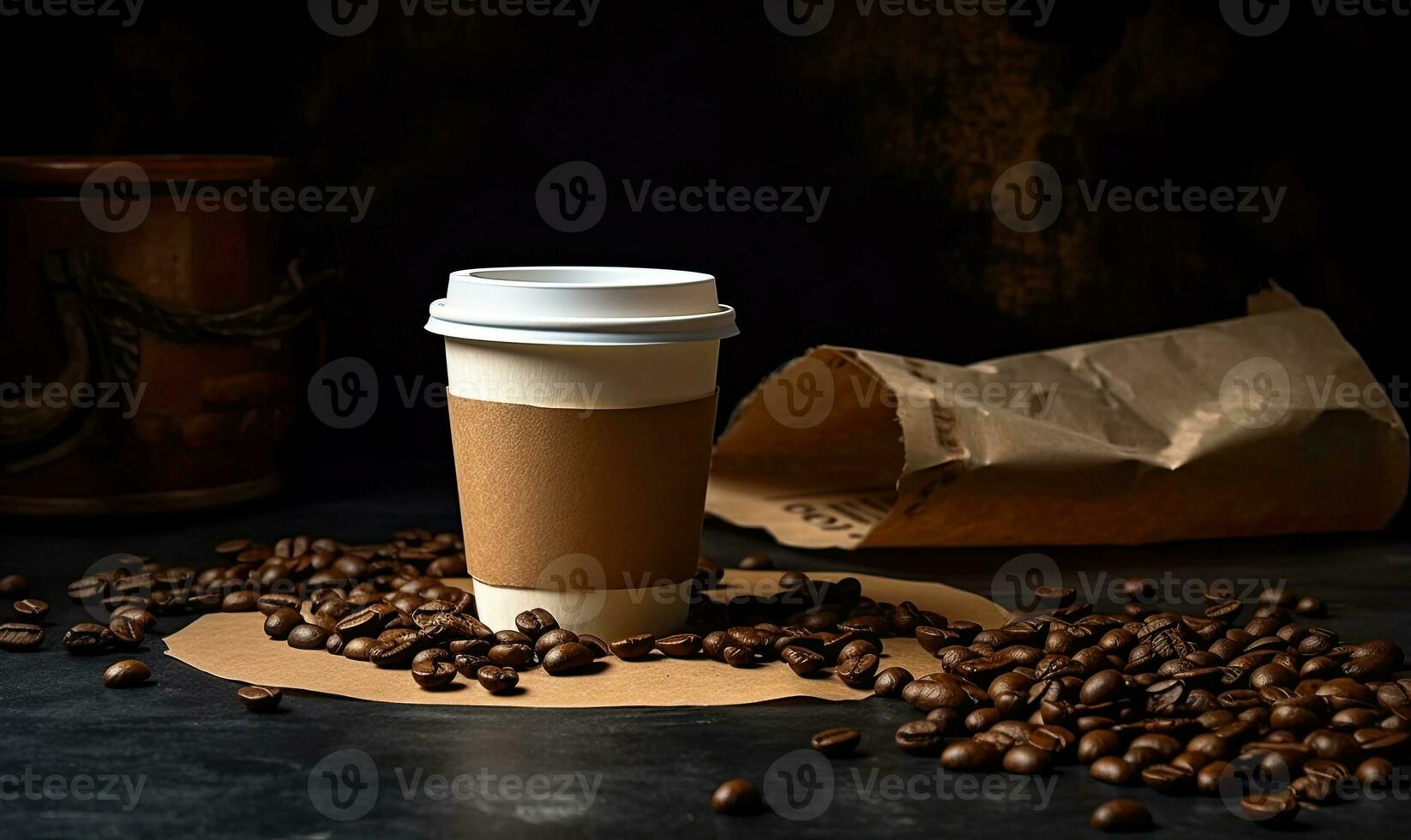 Coffee with croissant and coffee beans on black background AI generative photo