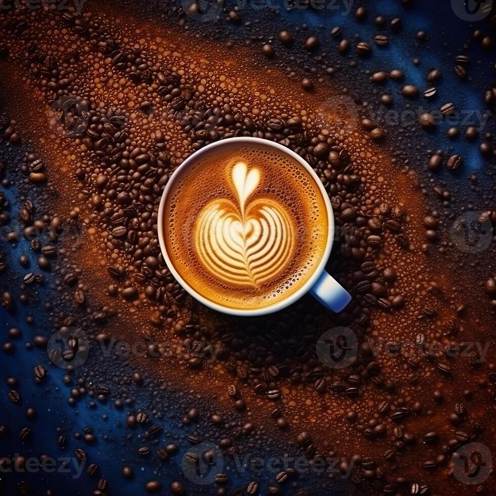 Coffee cup with latte art on coffee beans background. photo