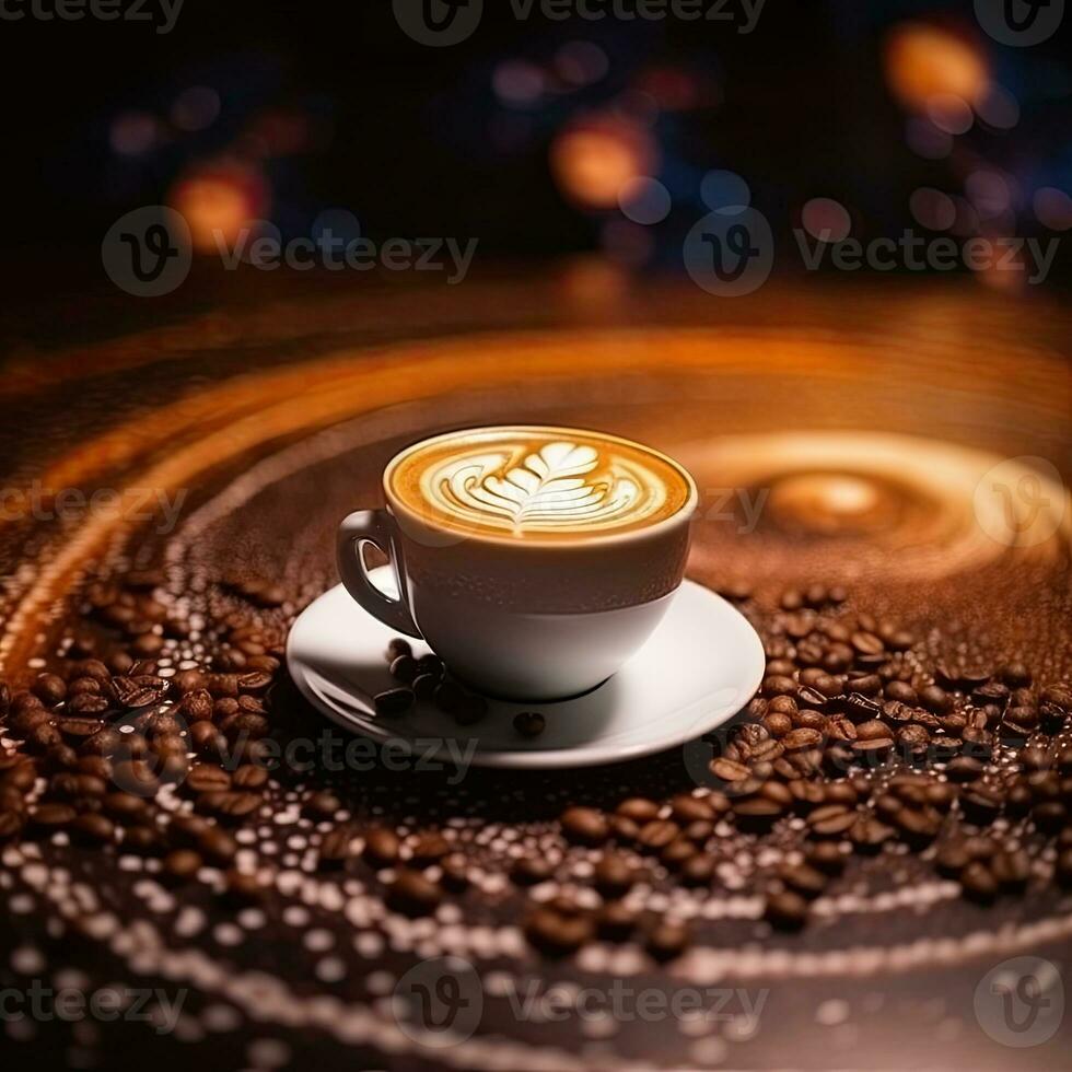 Coffee cup with latte art on coffee beans background. AI Generative photo