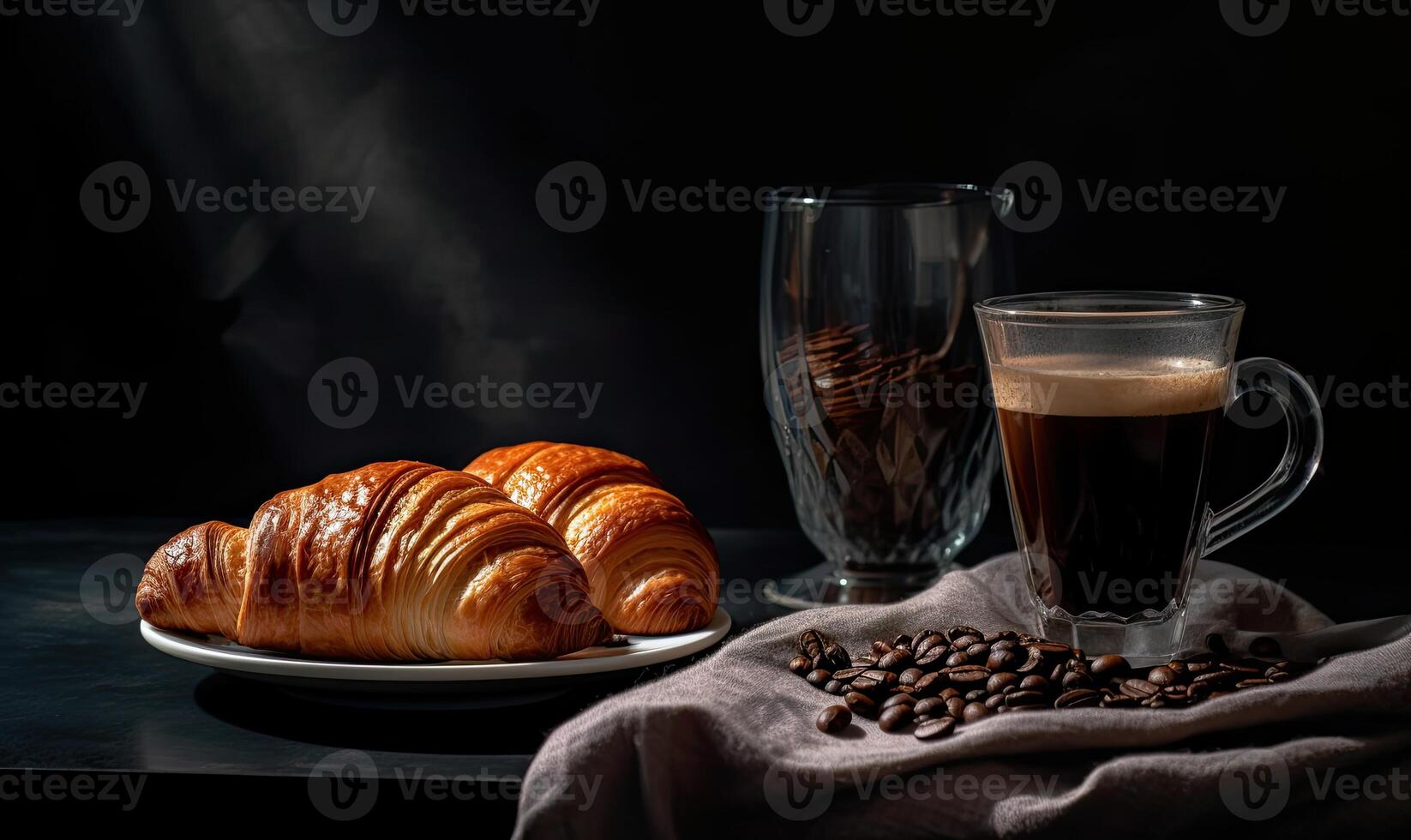 Coffee and coffee beans on black background AI generative photo