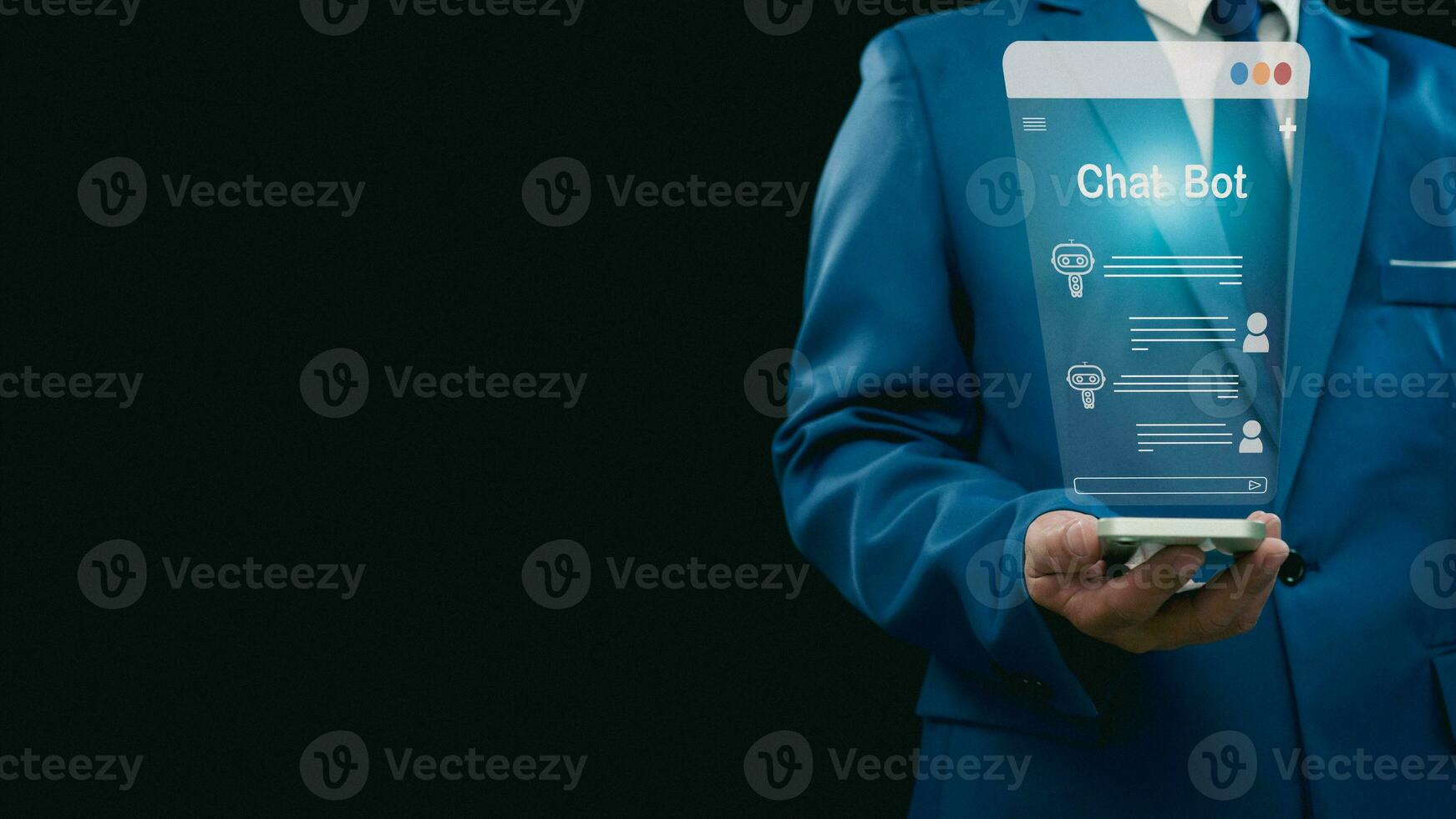 Businessman hand use show a smartphone to type live chat, ask, answer with an artificial intelligence system. chatbot. Ai assistant. photo