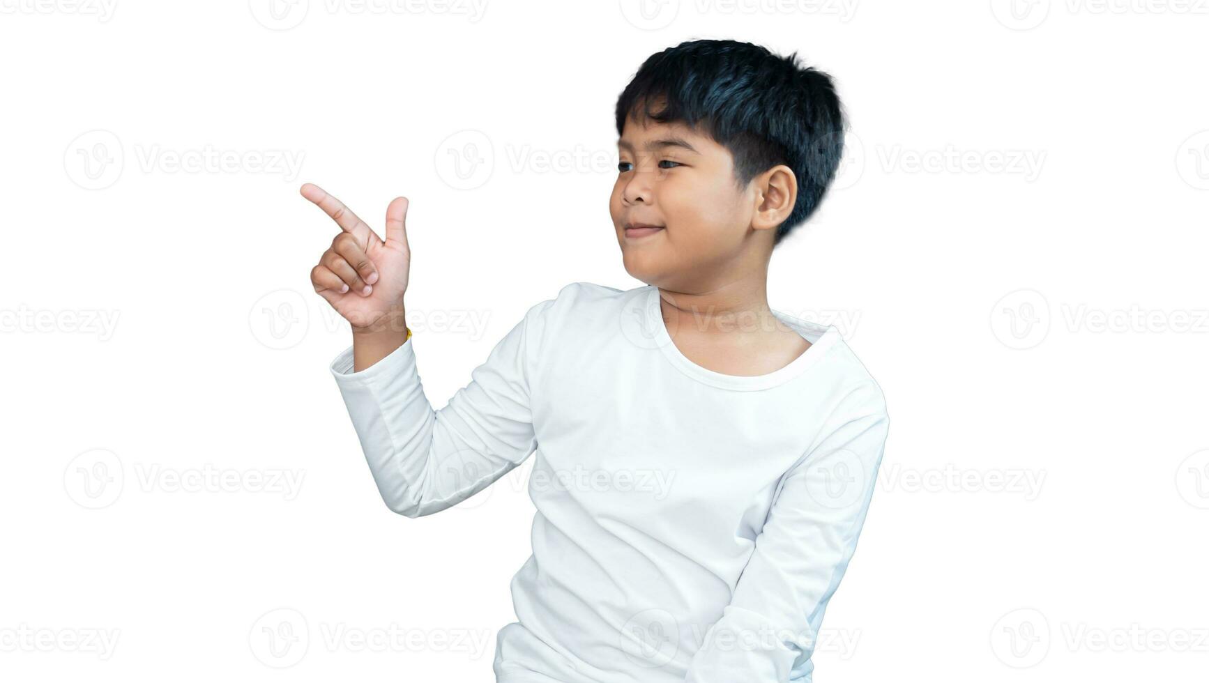 boy wearing white long sleeve t-shirt pointing finger photo