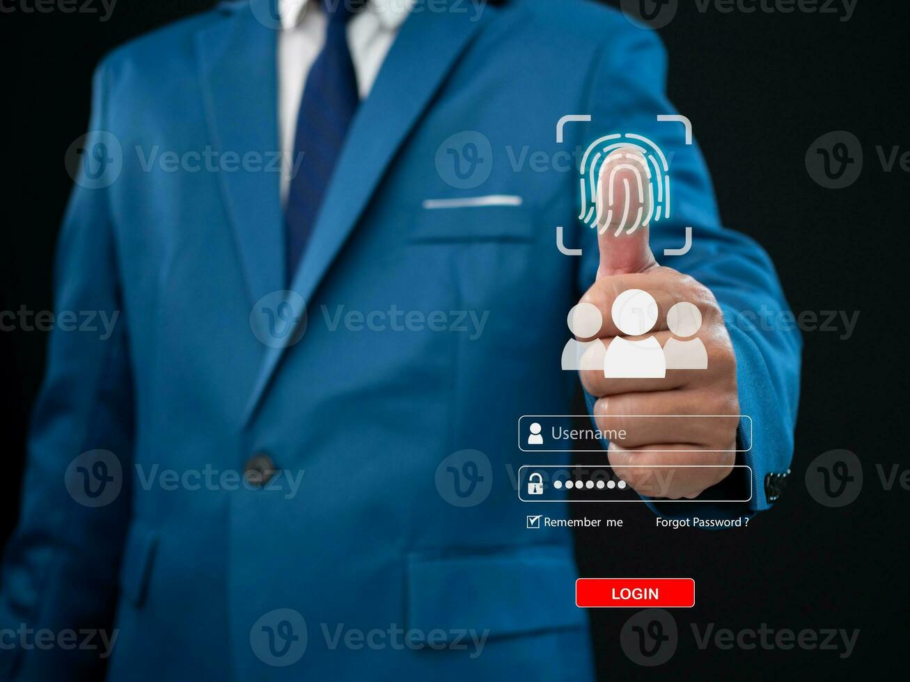 Businessman scanning his finger along with the login screen. Represents protection against external hacks. Code protection concept. Virus. Protection of sensitive information. firmware. and malware. photo