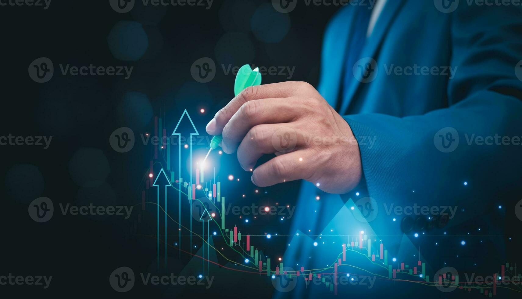 Stock market, Business growth, progress or success concept. Businessman or trader is showing a growing virtual hologram stock, invest in trading. photo