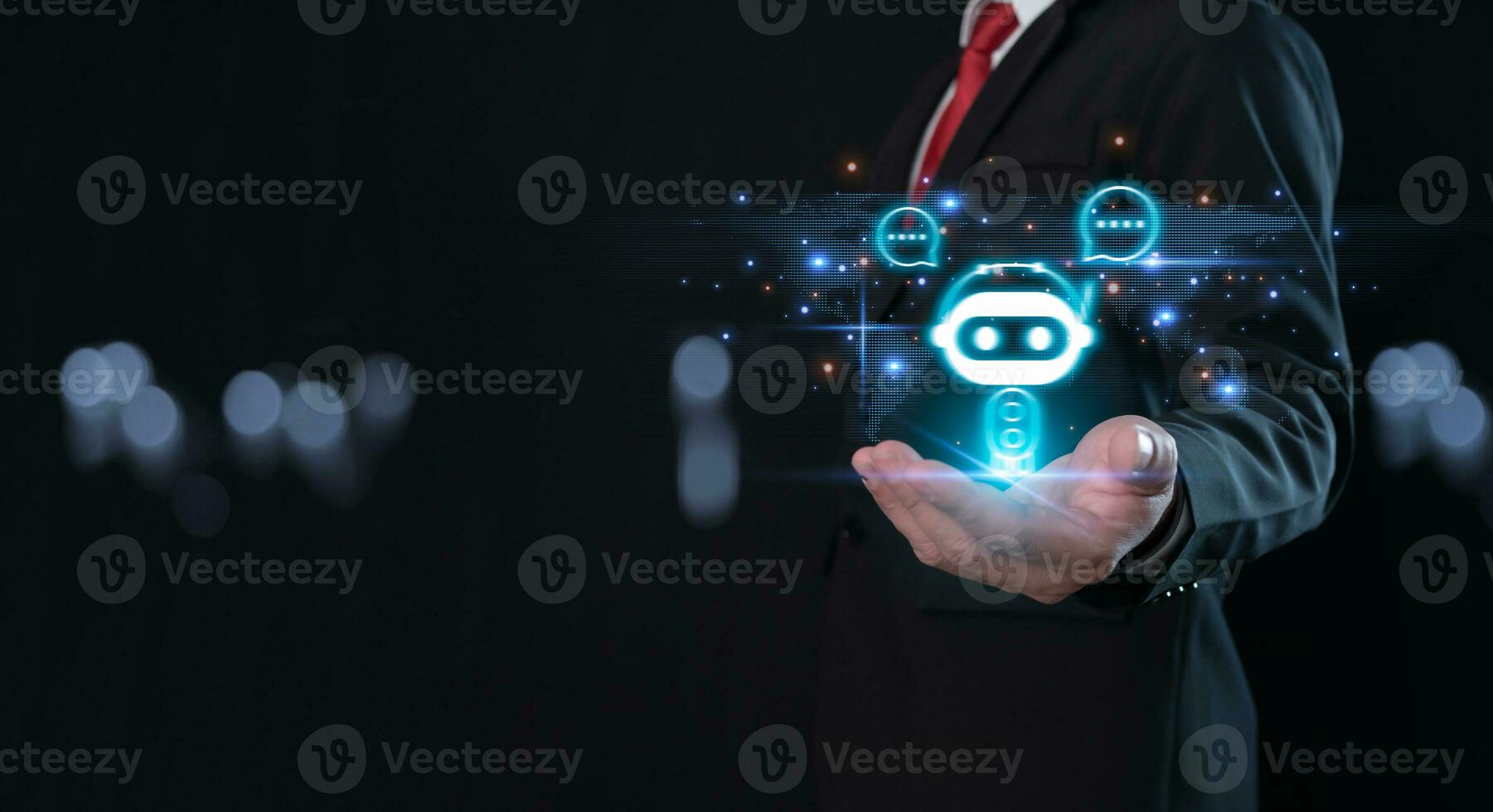 Businessman holding hologram digital chatbot, robot application, conversation assistant, AI Artificial Intelligence concept, digital chatbot on virtual screen.Technology concept. photo