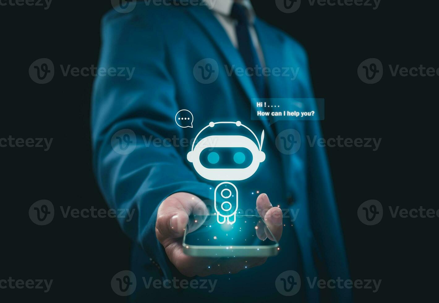 Businessman holding hologram digital chatbot, robot application, conversation assistant, AI Artificial Intelligence concept, digital chatbot on virtual screen.Technology concept. photo