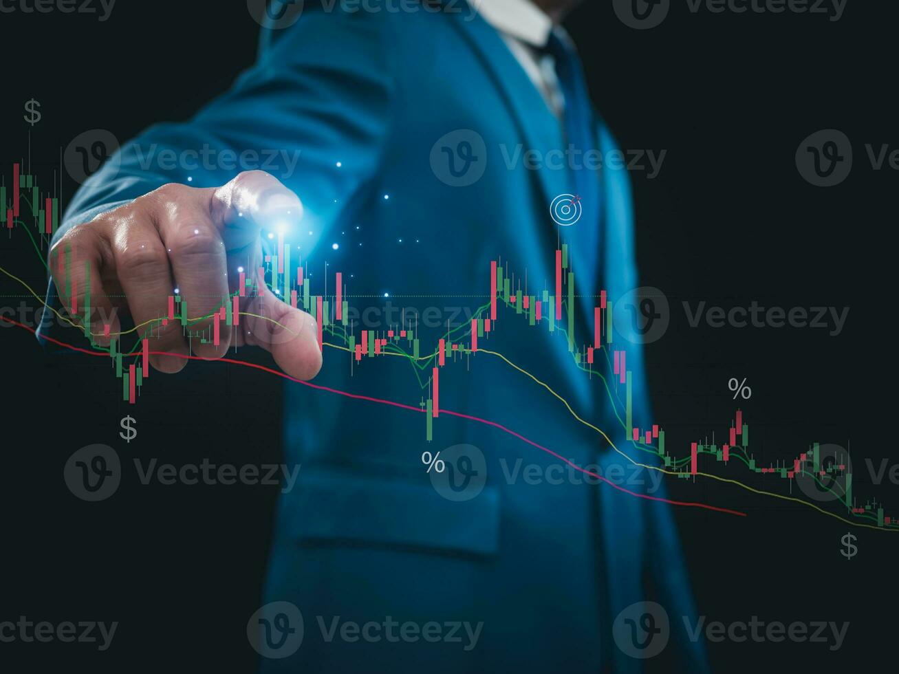 Stock market, Business growth, progress or success concept. Businessman or trader is showing a growing virtual hologram stock, invest in trading. photo