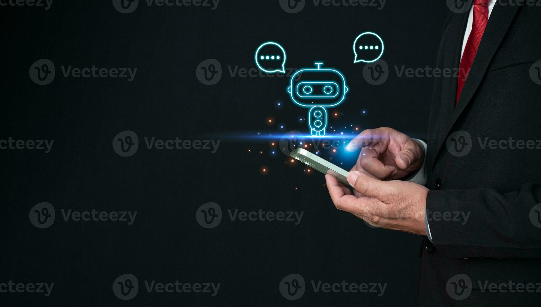 Businessman hand uses a smartphone to type live chat, ask, answer with an artificial intelligence system. chat bot. Ai. photo