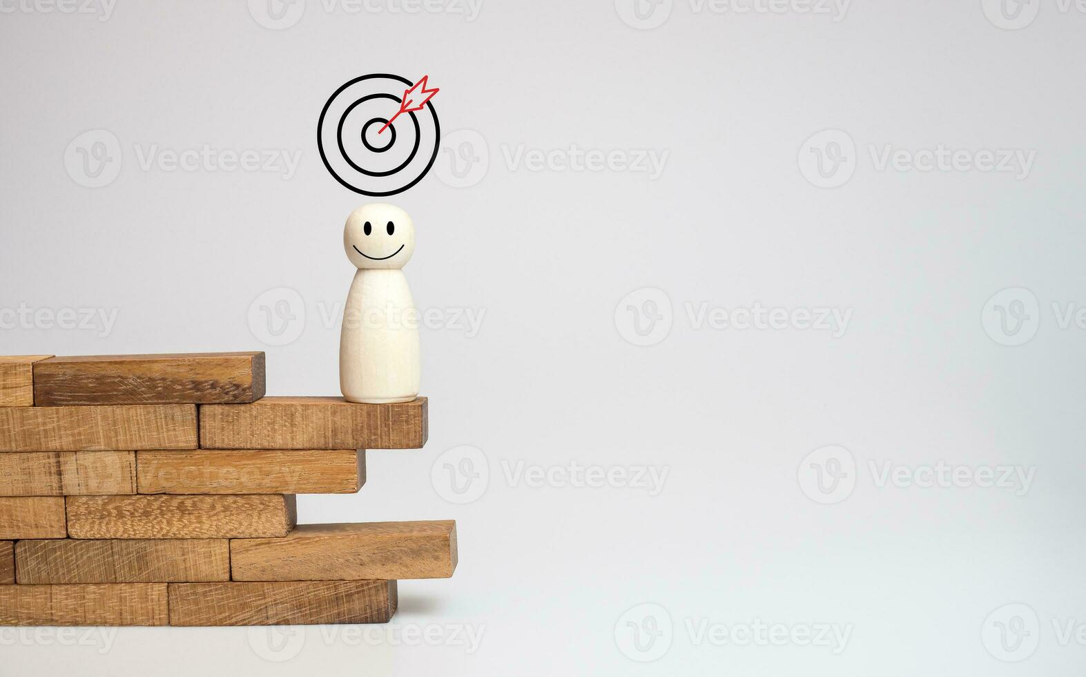 wood doll stand on woods block step with icon Action plan, Goal and target, success and business target concept, project management, company strategy photo