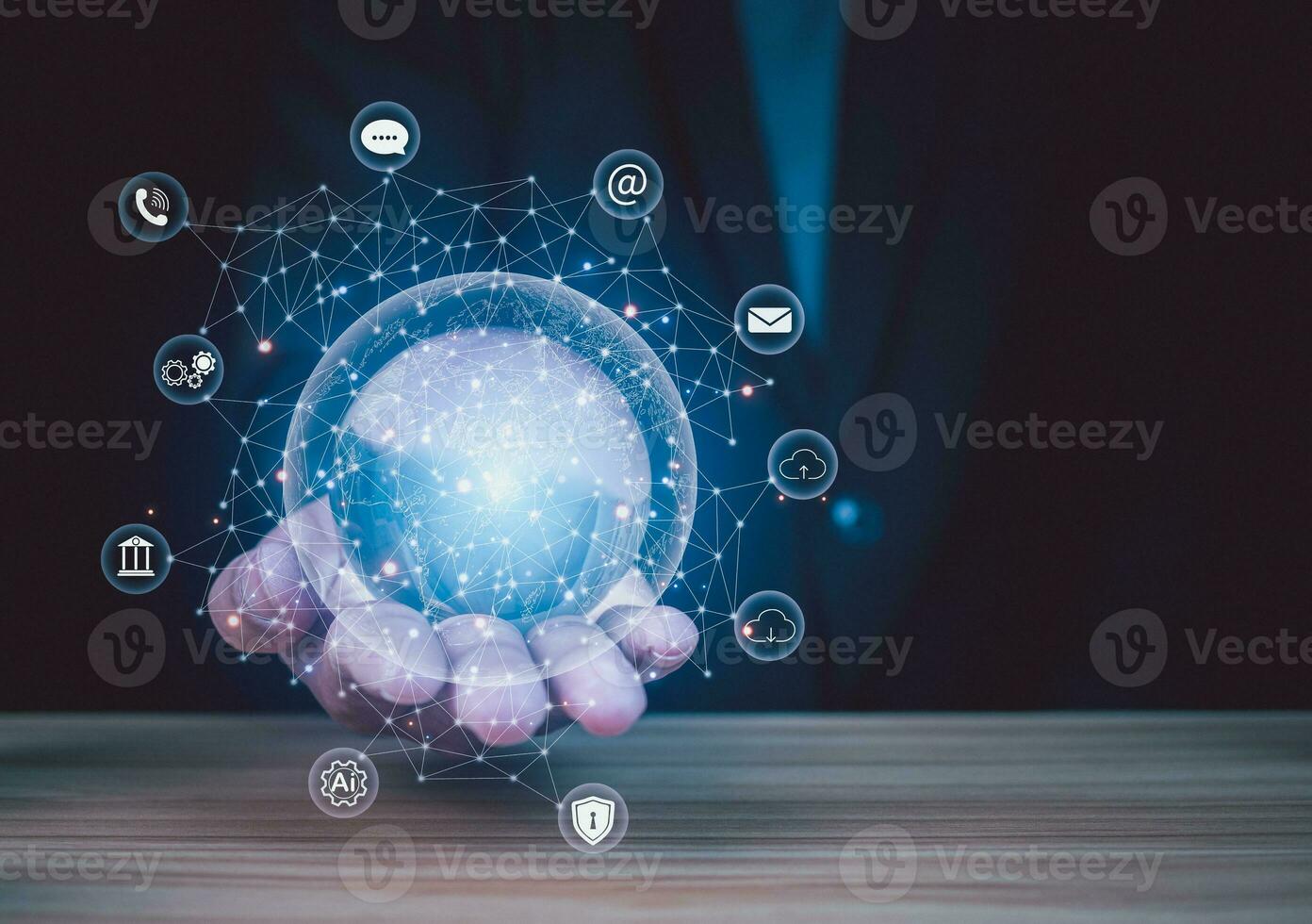 Businessman holding virtual global communication network. Business global internet connection application technology and digital marketing, Financial and banking, Digital link tech, big data. photo