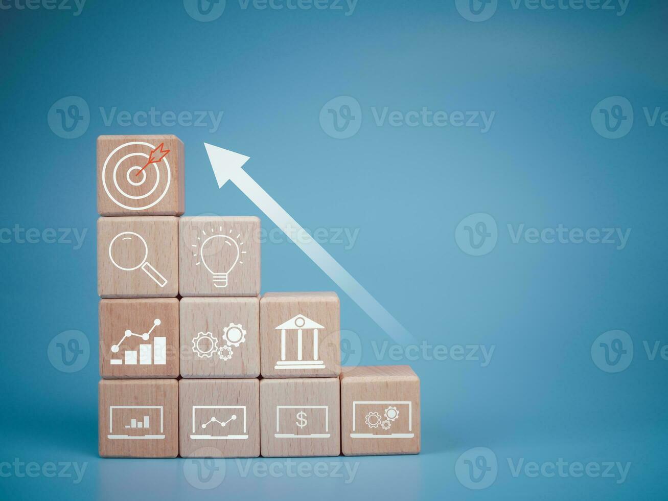 Wood cube block stacking with icon.Concept of business strategy and goal action plan. photo