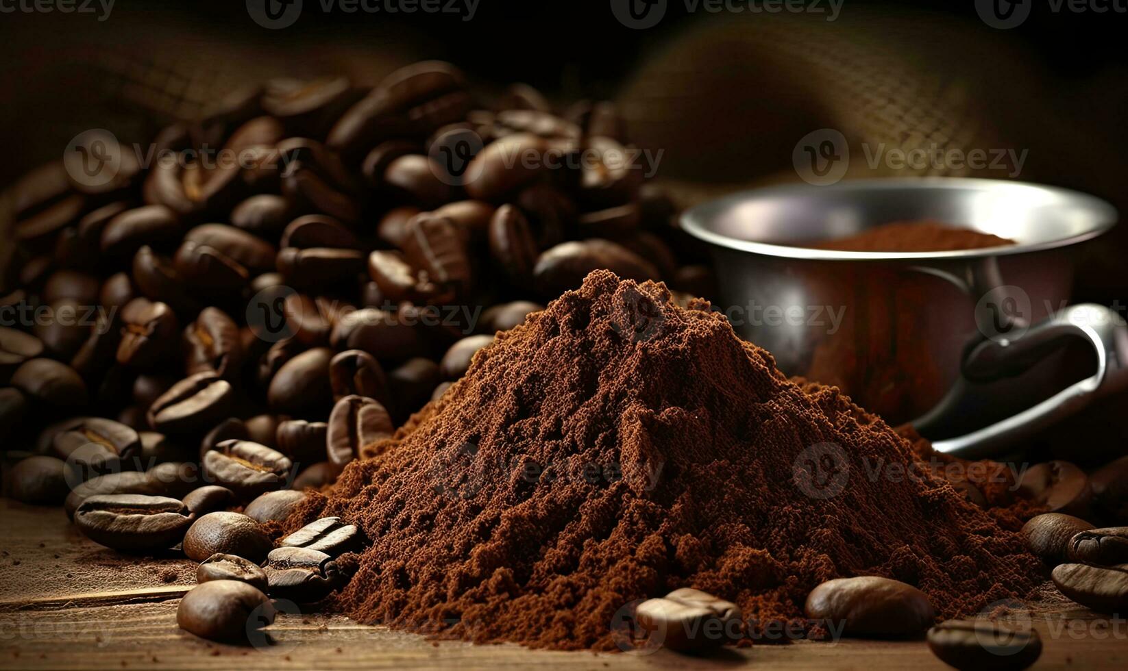 Coffee beans and ground coffee on wooden background. Selective focus. AI Generative photo