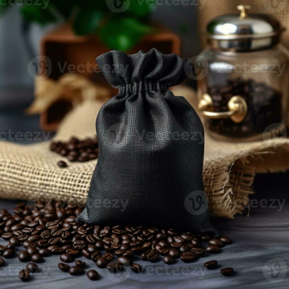 Coffee bag with coffee beans on clean surface. Studio shot. AI Generative photo