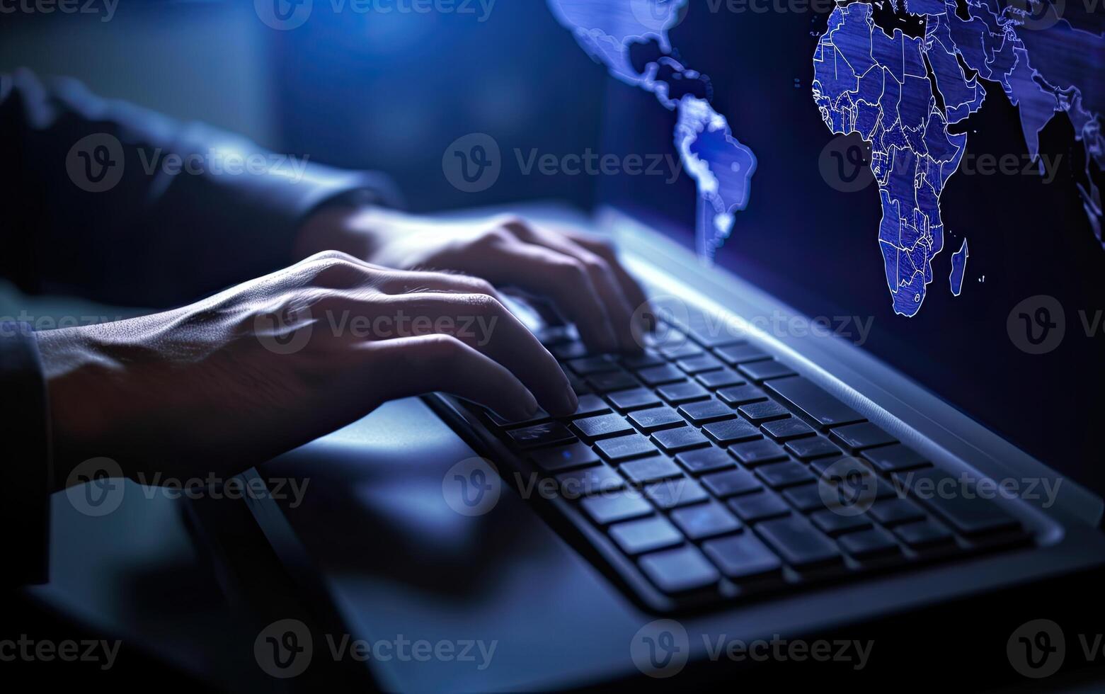 Close up of hacker hands typing on keyboard with binary code on background photo