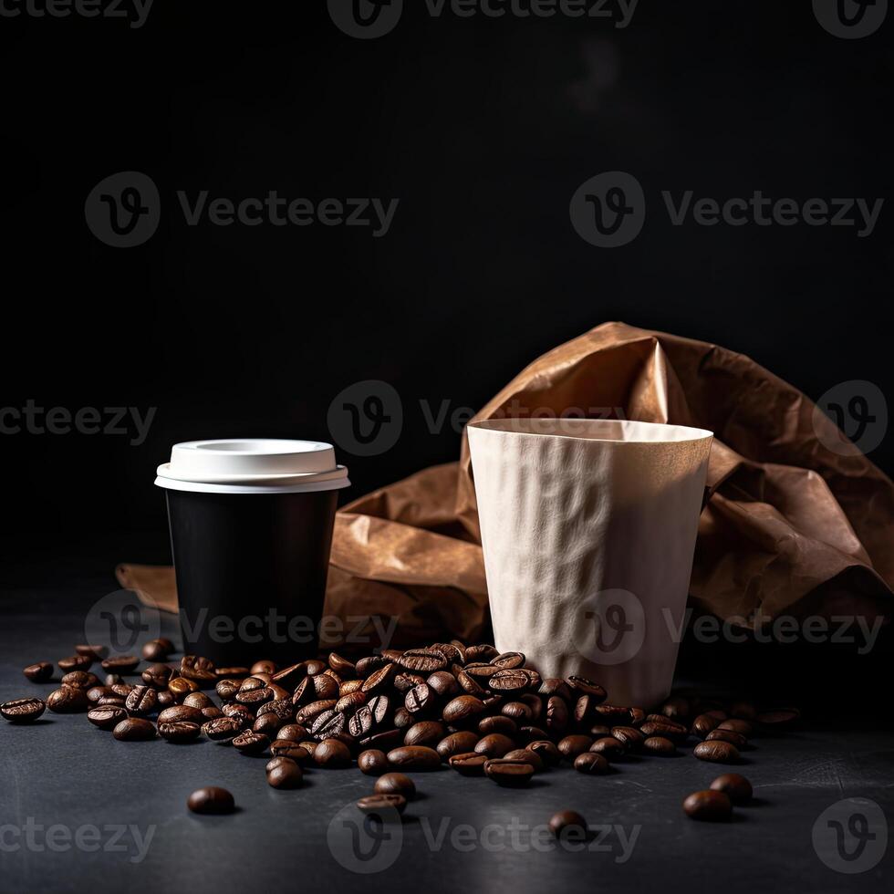 Coffee and coffee beans on black background AI generative photo