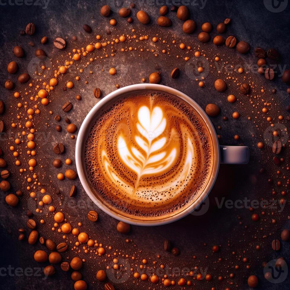 Coffee cup with latte art on coffee beans background. photo