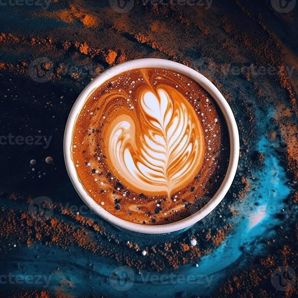 Coffee cup with latte art on coffee beans background. photo