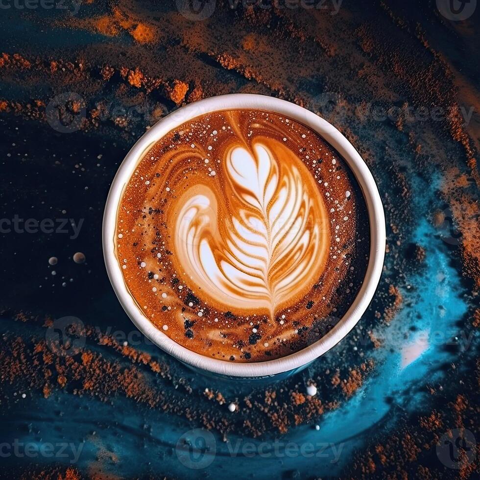 café taza con latté Arte en café frijoles fondo.ai generativo foto