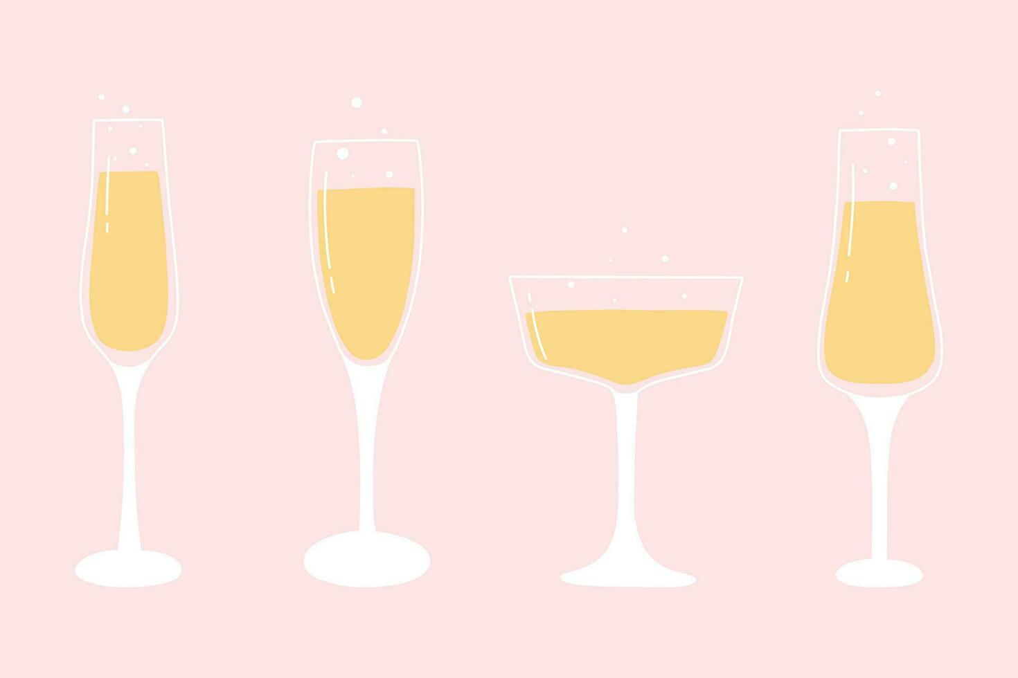 Set of glasses with champagne. Vector illustration. Collection of bubbling glasses of champagne. Flat style.