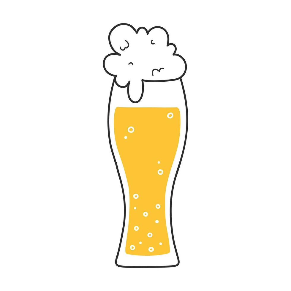 Glass with beer in doodle style. Vector illustration. Golden wheat beer.