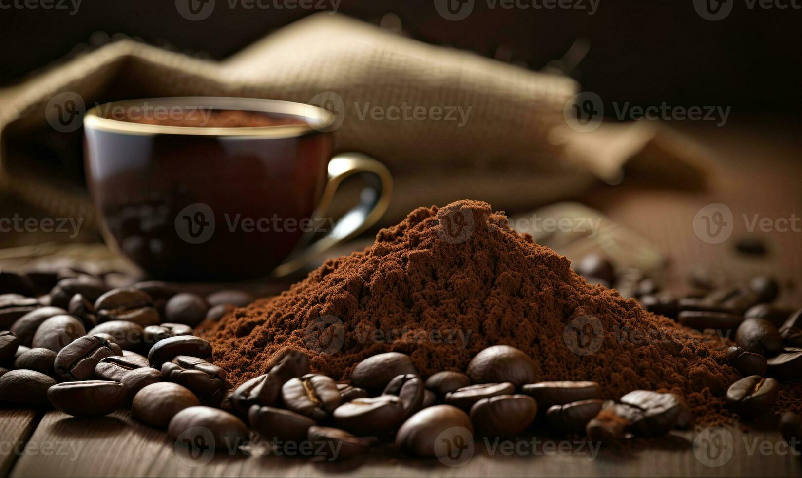 Coffee beans and ground coffee on wooden background. Selective focus. AI Generative photo