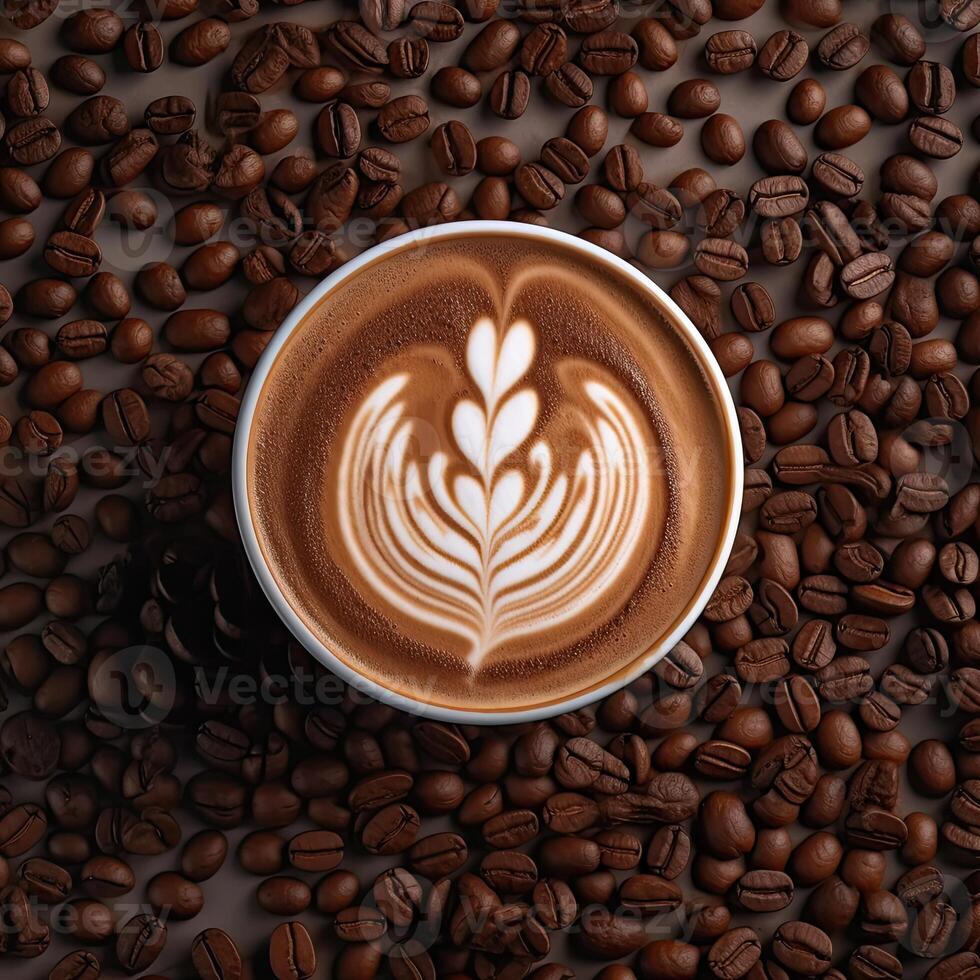 Coffee cup with latte art on coffee beans background. photo