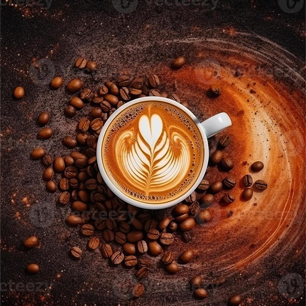 Coffee cup with latte art on coffee beans background. AI Generative photo