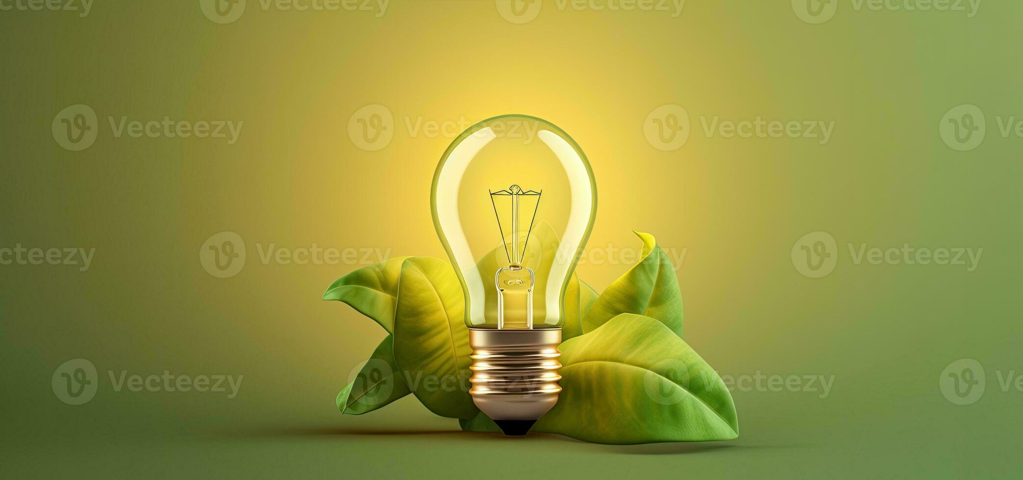 Green energy concept with light bulb and green leaves. 3D rendering, Green eco energy concept with light bulb and plant   AI Generative photo