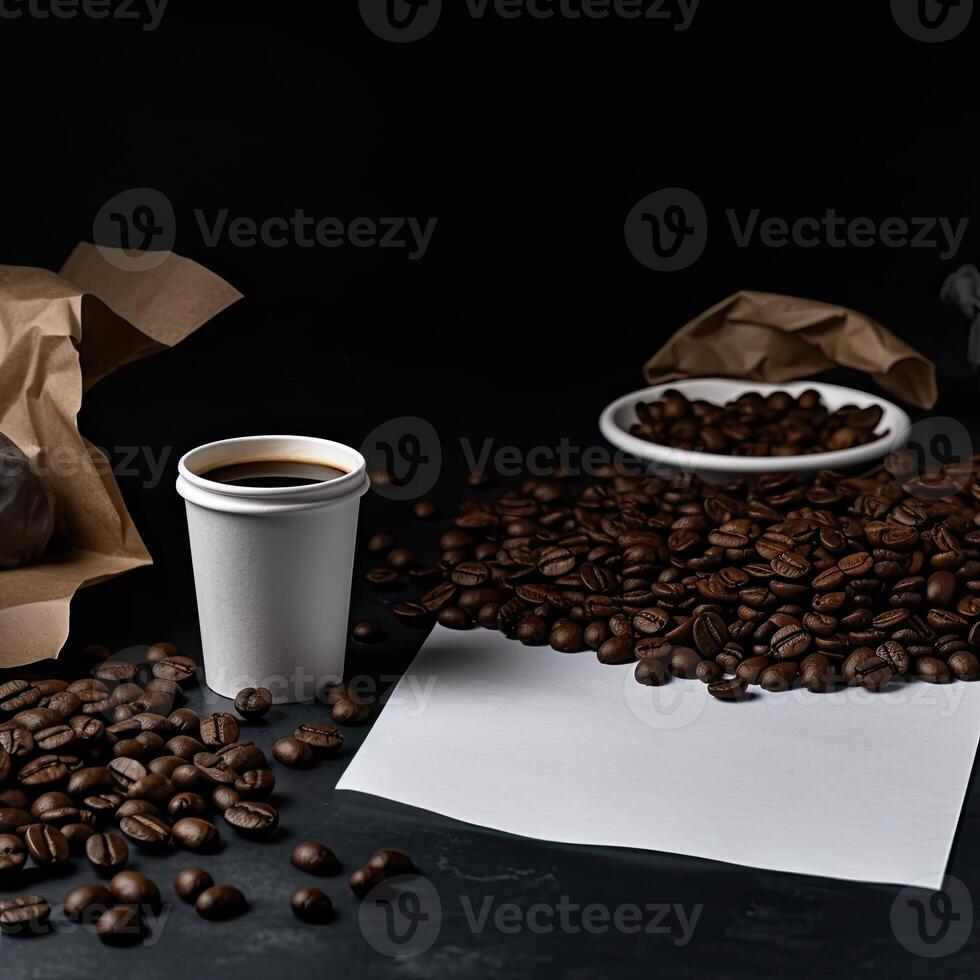 Coffee and coffee beans on black background photo