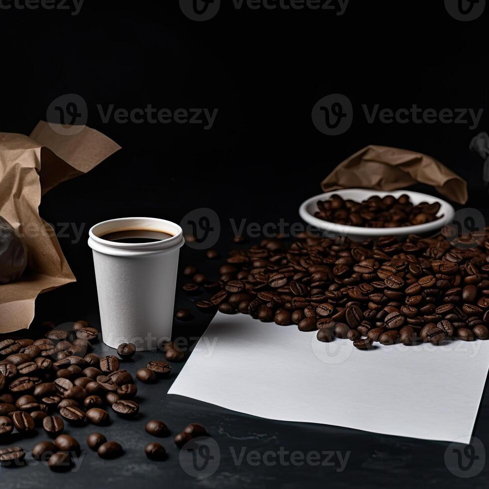 Coffee and coffee beans on black background AI generative photo