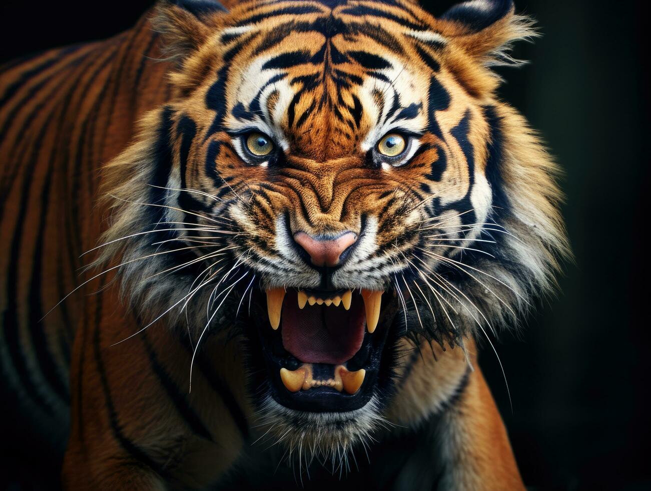 cerca arriba Disparo de un salvaje Tigre rugido foto
