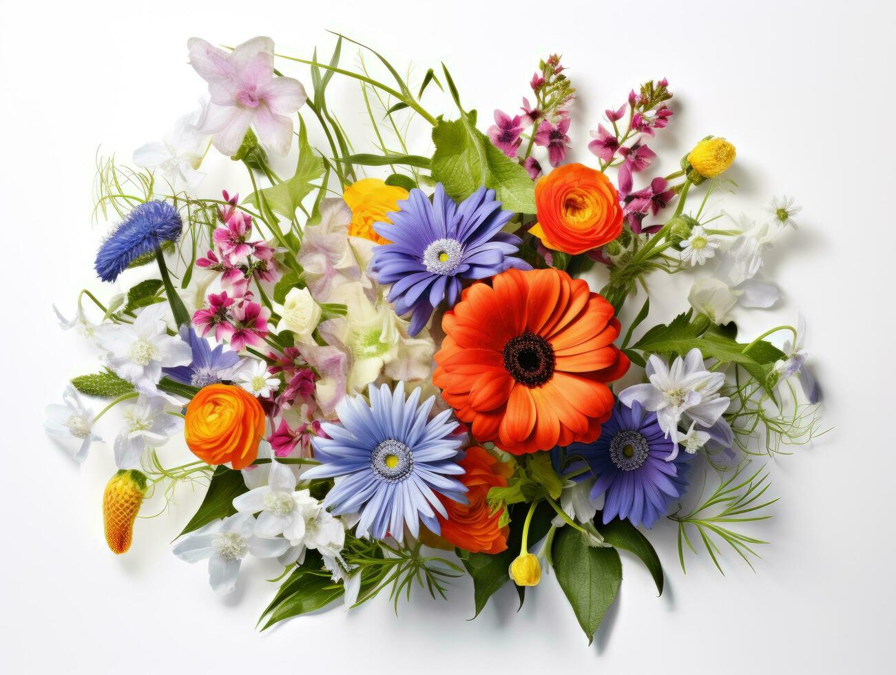 Bouquet of brightly coloured flowers on a white background photo