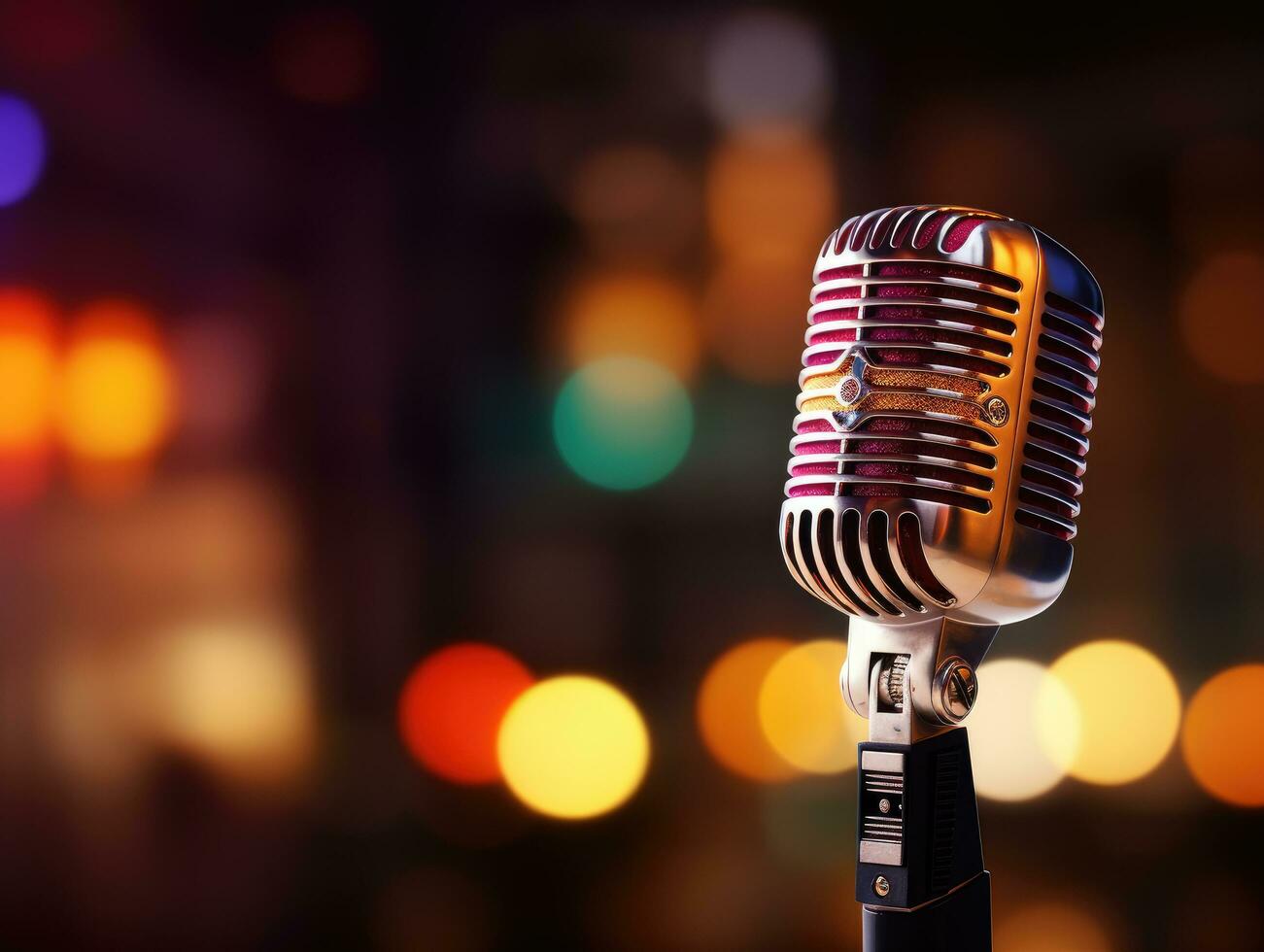 Retro styled image of a vintage microphone on a bokeh lights background photo