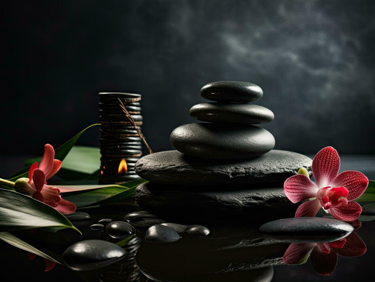 Zen like background for spa, with candles, flowers and pebbles photo