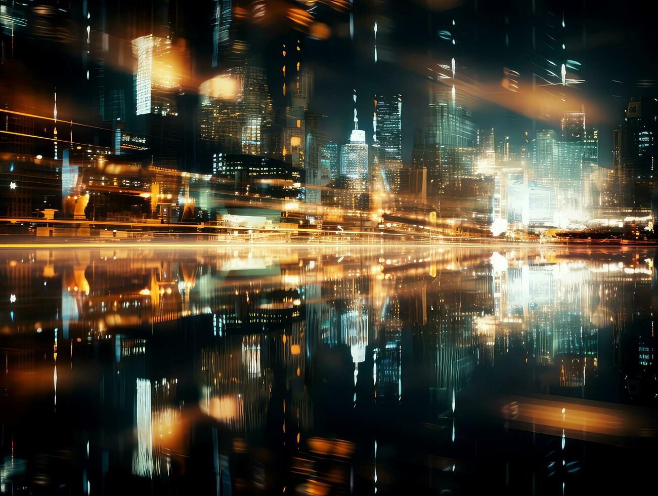 Abstract background of a defocussed city at night with glowing lights photo