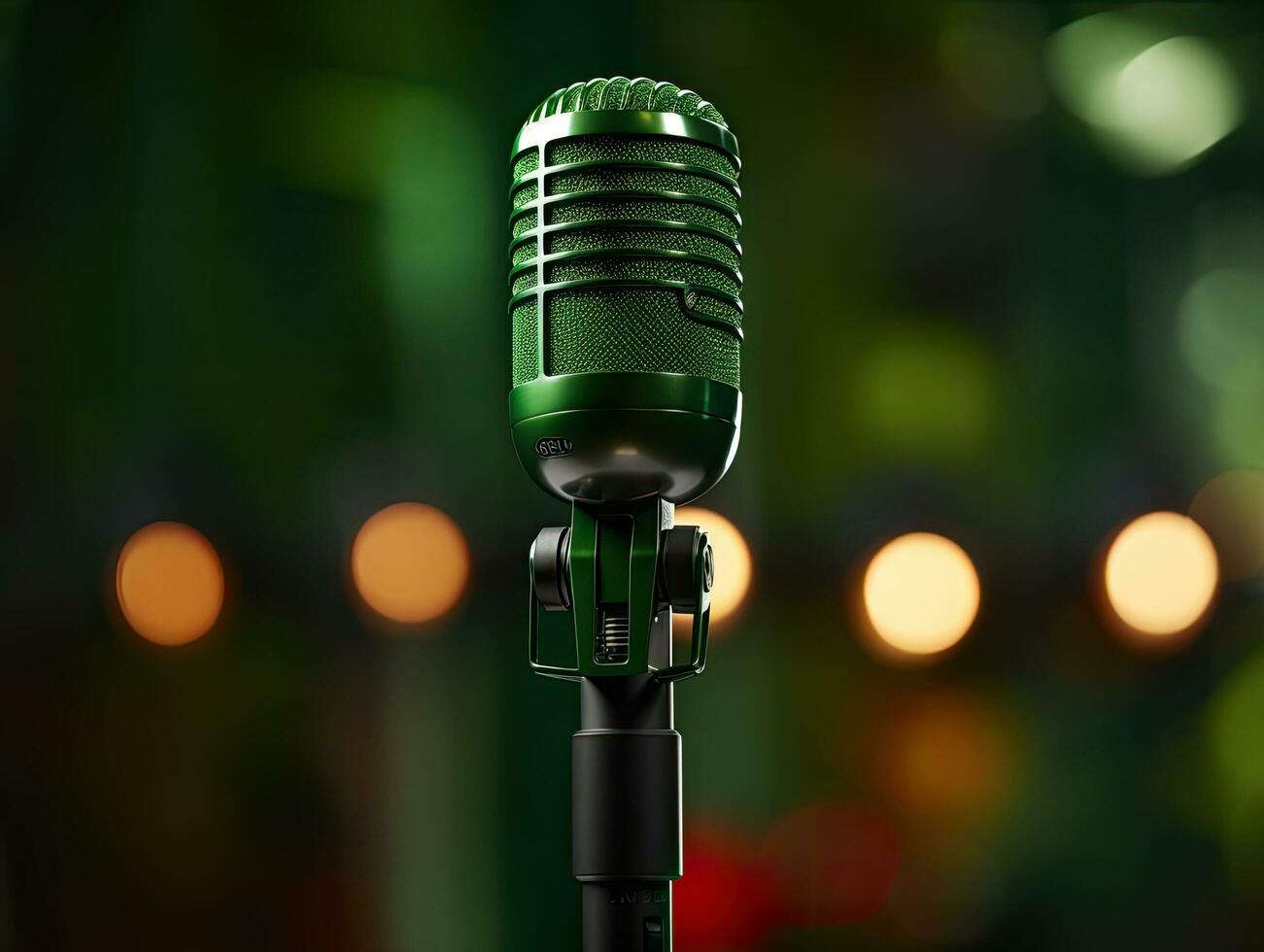 Rero styled image of a microphone on a bokeh lights background photo