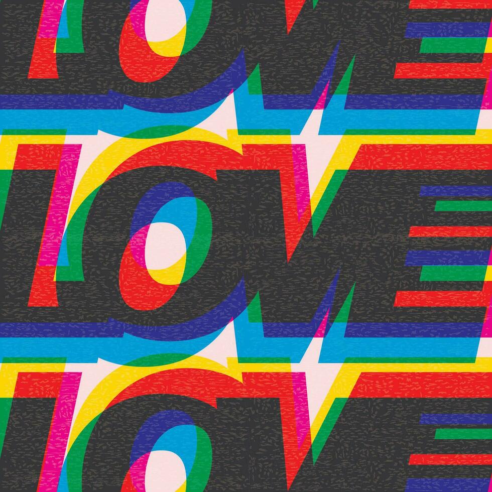 Love word CMYK colors overlap transparent with riso print effect vector illustration. Colorful graphic elements retro risograph technique.