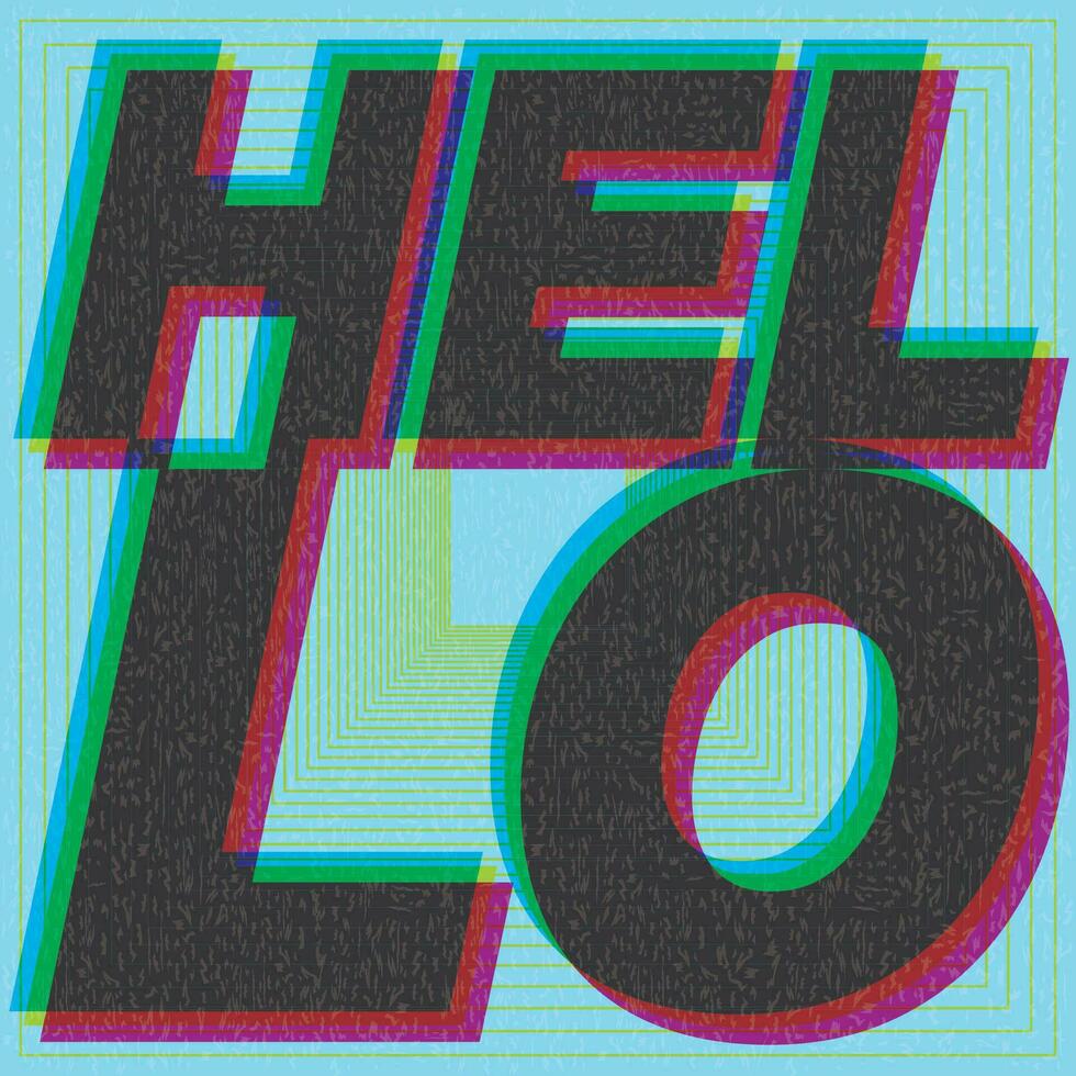HELLO word CMYK colors overlap transparent with riso print effect vector illustration on light blue background.