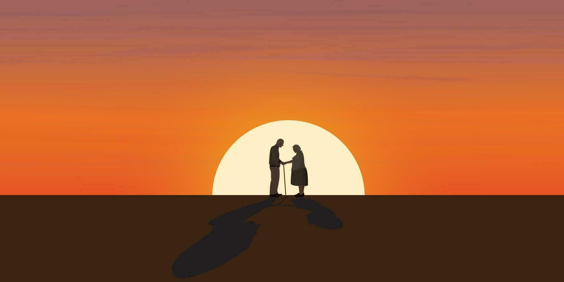 Sunset with silhouetted couple of elderly lover together vector illustration have blank space for any wording advertisement.