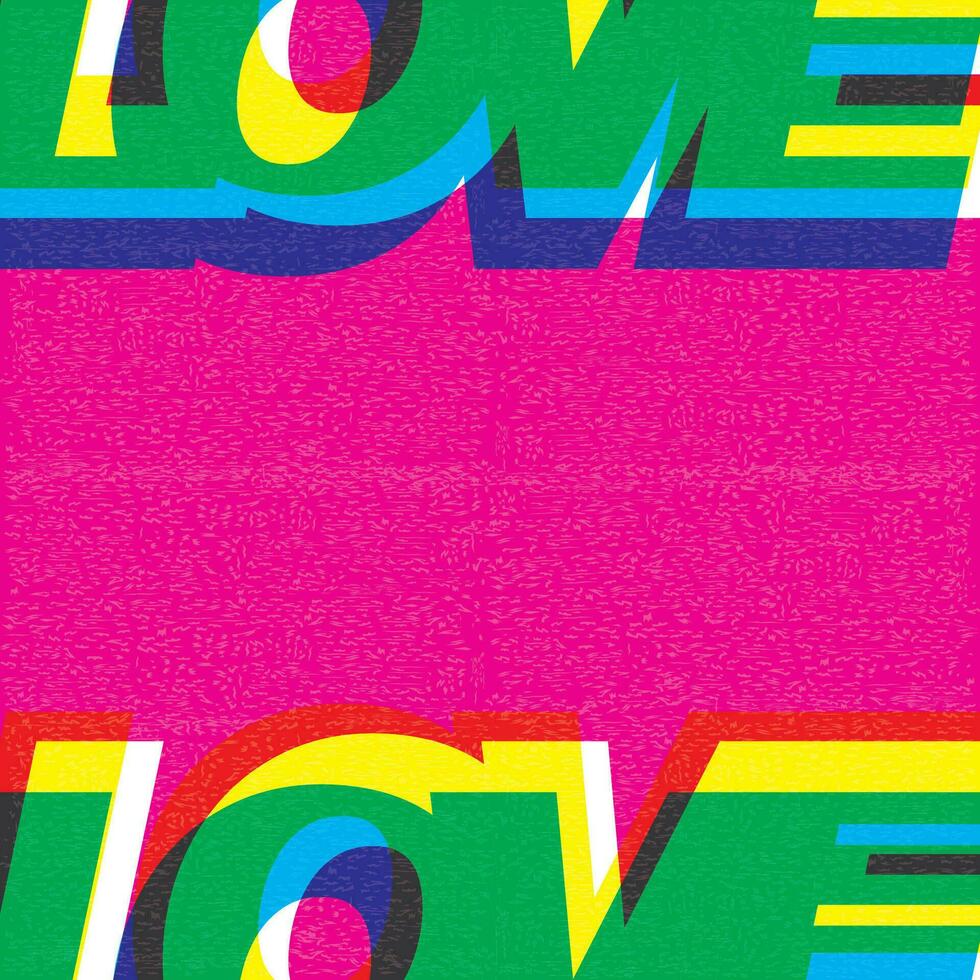 Love word CMYK colors overlap transparent riso print effect vector illustration with blank space. Colorful graphic elements retro risograph technique.